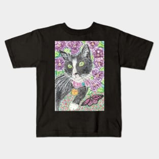 Luna tuxedo cat butterfly Kids T-Shirt